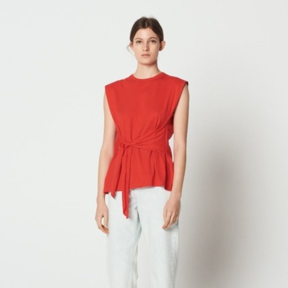 Sandro Red Front Tie Sleeveless Blouse Cotton - Picture 1 of 16